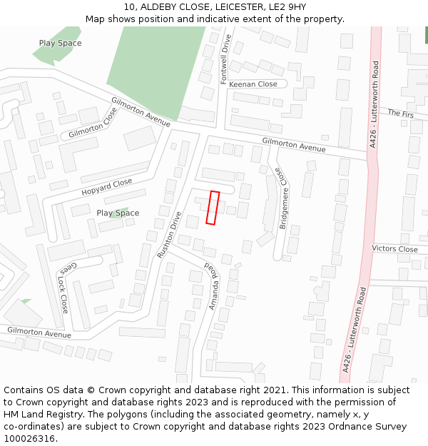 10, ALDEBY CLOSE, LEICESTER, LE2 9HY: Location map and indicative extent of plot