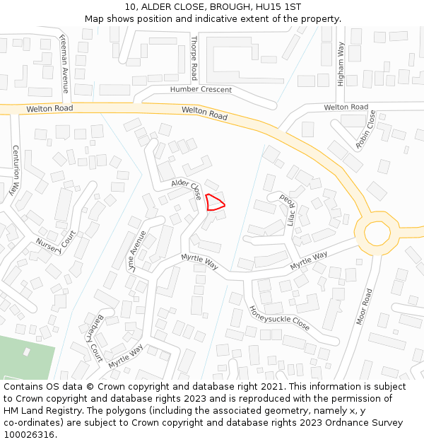 10, ALDER CLOSE, BROUGH, HU15 1ST: Location map and indicative extent of plot