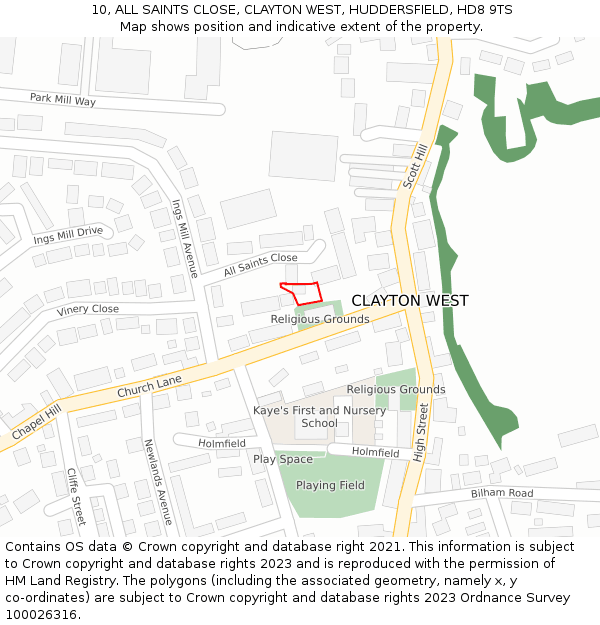 10, ALL SAINTS CLOSE, CLAYTON WEST, HUDDERSFIELD, HD8 9TS: Location map and indicative extent of plot