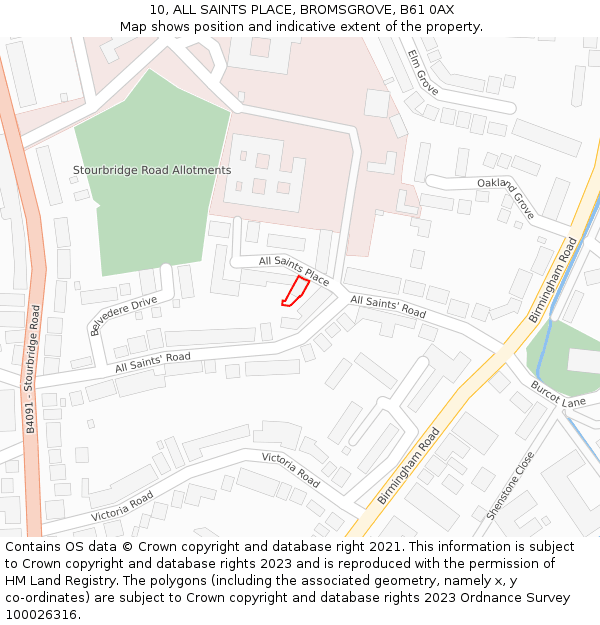 10, ALL SAINTS PLACE, BROMSGROVE, B61 0AX: Location map and indicative extent of plot