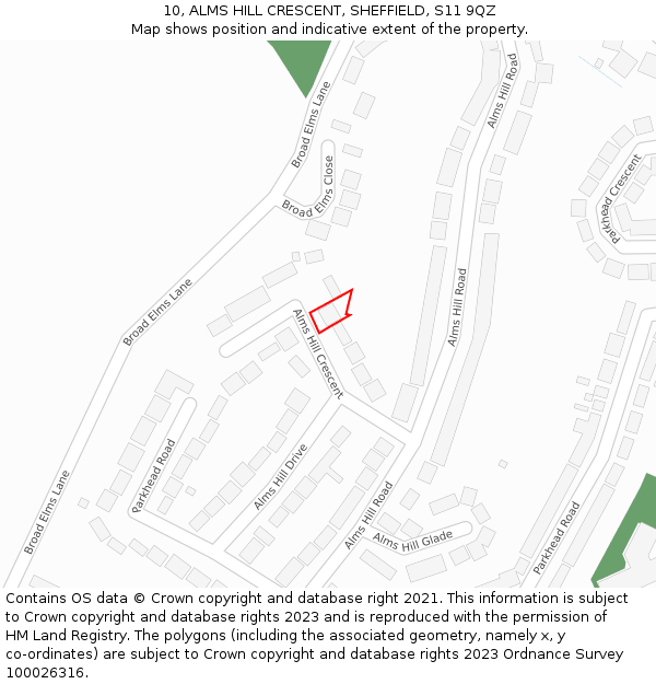 10, ALMS HILL CRESCENT, SHEFFIELD, S11 9QZ: Location map and indicative extent of plot