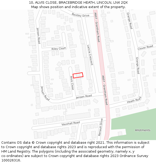 10, ALVIS CLOSE, BRACEBRIDGE HEATH, LINCOLN, LN4 2QX: Location map and indicative extent of plot