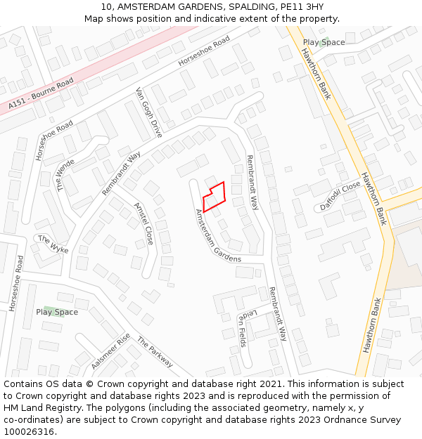 10, AMSTERDAM GARDENS, SPALDING, PE11 3HY: Location map and indicative extent of plot