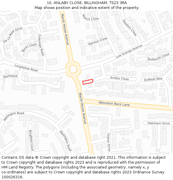 10, ANLABY CLOSE, BILLINGHAM, TS23 3RA: Location map and indicative extent of plot