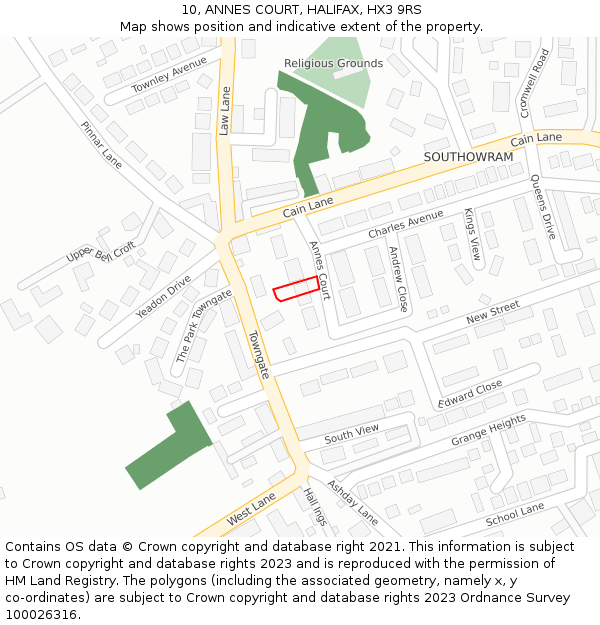 10, ANNES COURT, HALIFAX, HX3 9RS: Location map and indicative extent of plot