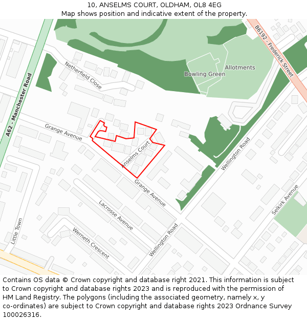 10, ANSELMS COURT, OLDHAM, OL8 4EG: Location map and indicative extent of plot