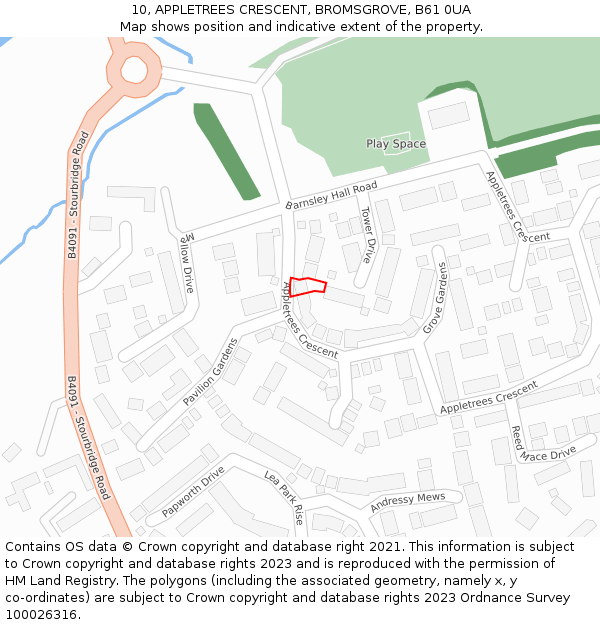 10, APPLETREES CRESCENT, BROMSGROVE, B61 0UA: Location map and indicative extent of plot