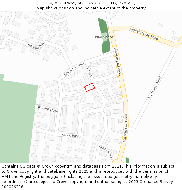 10, ARUN WAY, SUTTON COLDFIELD, B76 2BQ: Location map and indicative extent of plot