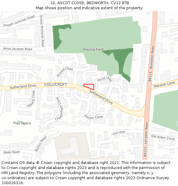 10, ASCOT CLOSE, BEDWORTH, CV12 8TB: Location map and indicative extent of plot