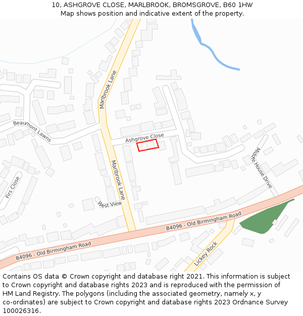 10, ASHGROVE CLOSE, MARLBROOK, BROMSGROVE, B60 1HW: Location map and indicative extent of plot