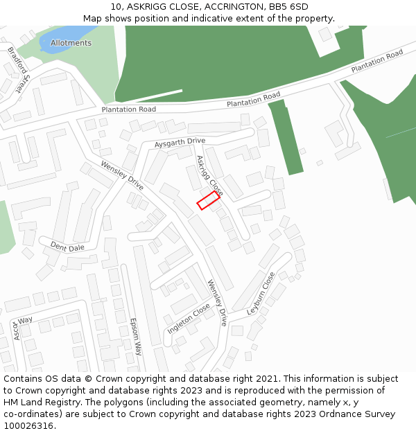 10, ASKRIGG CLOSE, ACCRINGTON, BB5 6SD: Location map and indicative extent of plot