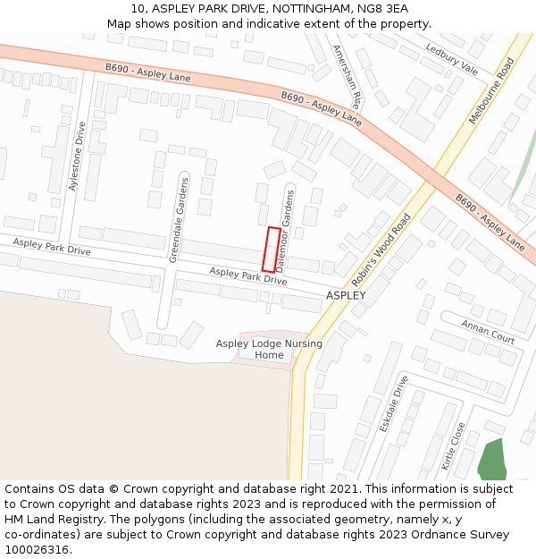 10, ASPLEY PARK DRIVE, NOTTINGHAM, NG8 3EA: Location map and indicative extent of plot