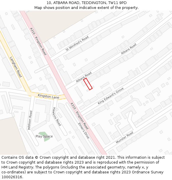 10, ATBARA ROAD, TEDDINGTON, TW11 9PD: Location map and indicative extent of plot