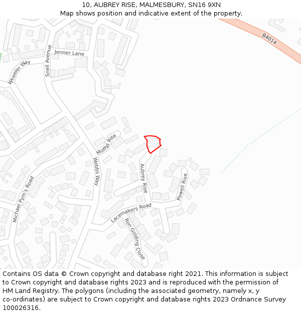 10, AUBREY RISE, MALMESBURY, SN16 9XN: Location map and indicative extent of plot