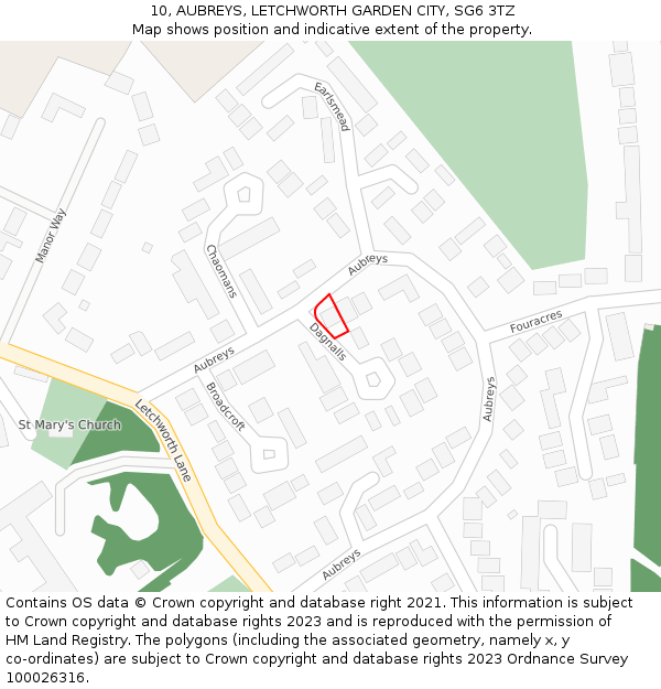 10, AUBREYS, LETCHWORTH GARDEN CITY, SG6 3TZ: Location map and indicative extent of plot