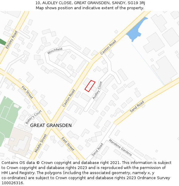 10, AUDLEY CLOSE, GREAT GRANSDEN, SANDY, SG19 3RJ: Location map and indicative extent of plot