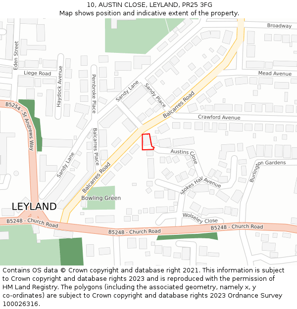 10, AUSTIN CLOSE, LEYLAND, PR25 3FG: Location map and indicative extent of plot