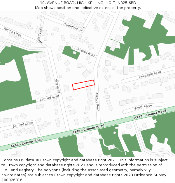 10, AVENUE ROAD, HIGH KELLING, HOLT, NR25 6RD: Location map and indicative extent of plot