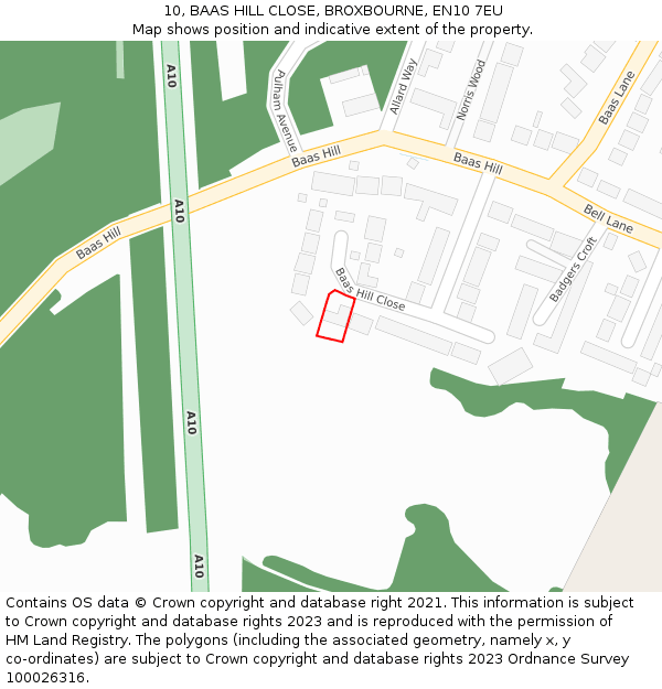 10, BAAS HILL CLOSE, BROXBOURNE, EN10 7EU: Location map and indicative extent of plot