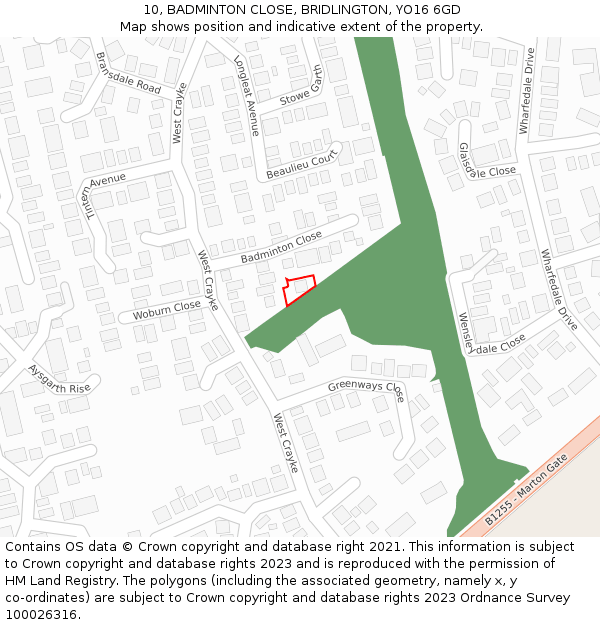 10, BADMINTON CLOSE, BRIDLINGTON, YO16 6GD: Location map and indicative extent of plot