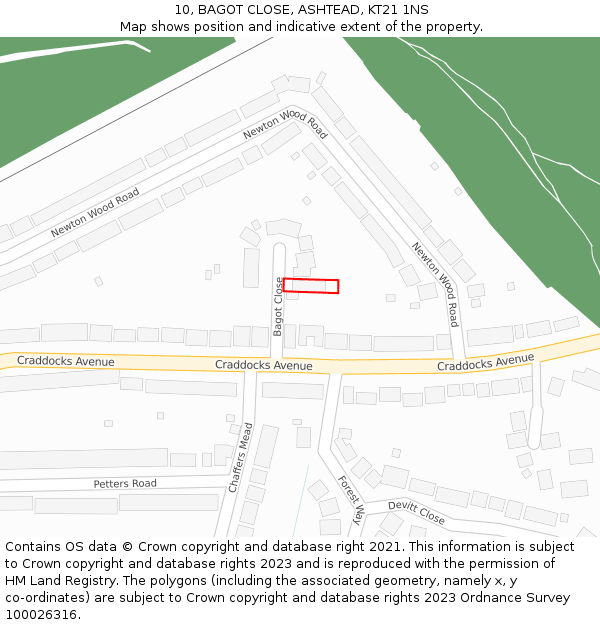 10, BAGOT CLOSE, ASHTEAD, KT21 1NS: Location map and indicative extent of plot