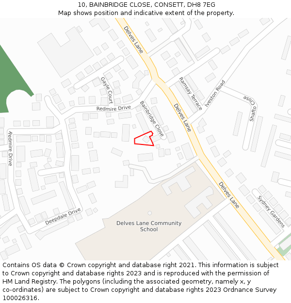 10, BAINBRIDGE CLOSE, CONSETT, DH8 7EG: Location map and indicative extent of plot