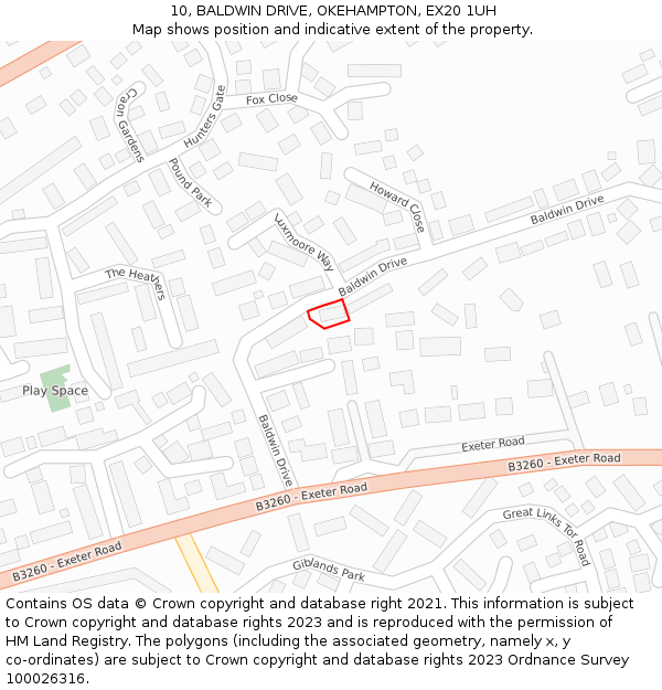 10, BALDWIN DRIVE, OKEHAMPTON, EX20 1UH: Location map and indicative extent of plot