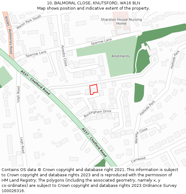 10, BALMORAL CLOSE, KNUTSFORD, WA16 8LN: Location map and indicative extent of plot
