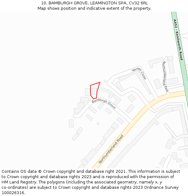 10, BAMBURGH GROVE, LEAMINGTON SPA, CV32 6RL: Location map and indicative extent of plot