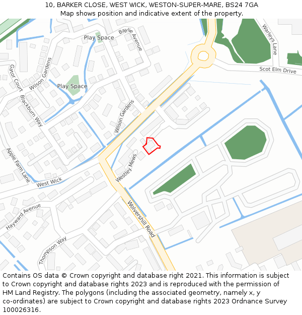 10, BARKER CLOSE, WEST WICK, WESTON-SUPER-MARE, BS24 7GA: Location map and indicative extent of plot