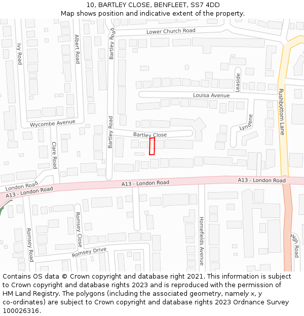 10, BARTLEY CLOSE, BENFLEET, SS7 4DD: Location map and indicative extent of plot