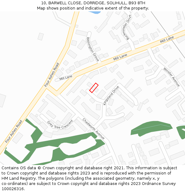 10, BARWELL CLOSE, DORRIDGE, SOLIHULL, B93 8TH: Location map and indicative extent of plot