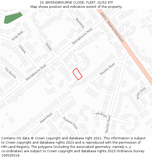 10, BASINGBOURNE CLOSE, FLEET, GU52 6TF: Location map and indicative extent of plot