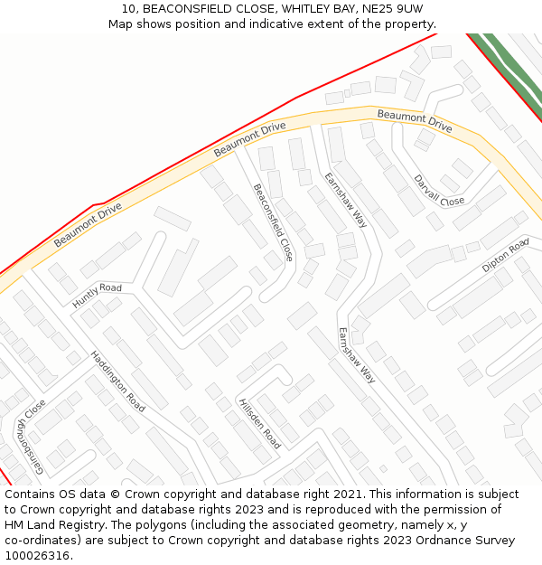10, BEACONSFIELD CLOSE, WHITLEY BAY, NE25 9UW: Location map and indicative extent of plot