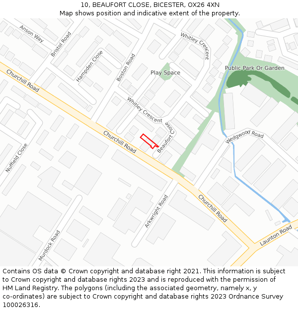 10, BEAUFORT CLOSE, BICESTER, OX26 4XN: Location map and indicative extent of plot