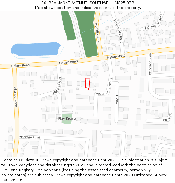 10, BEAUMONT AVENUE, SOUTHWELL, NG25 0BB: Location map and indicative extent of plot