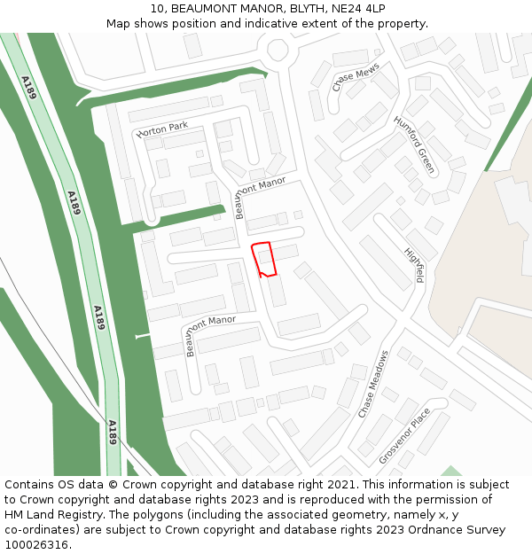 10, BEAUMONT MANOR, BLYTH, NE24 4LP: Location map and indicative extent of plot