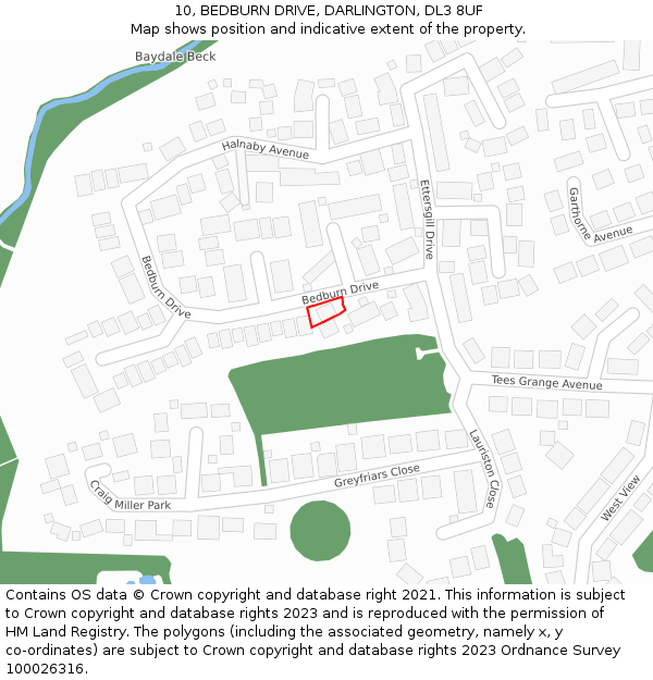 10, BEDBURN DRIVE, DARLINGTON, DL3 8UF: Location map and indicative extent of plot