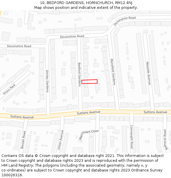 10, BEDFORD GARDENS, HORNCHURCH, RM12 4NJ: Location map and indicative extent of plot