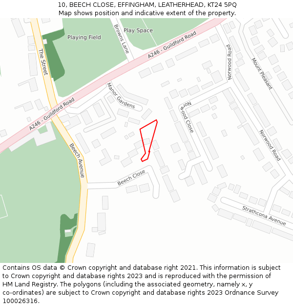 10, BEECH CLOSE, EFFINGHAM, LEATHERHEAD, KT24 5PQ: Location map and indicative extent of plot