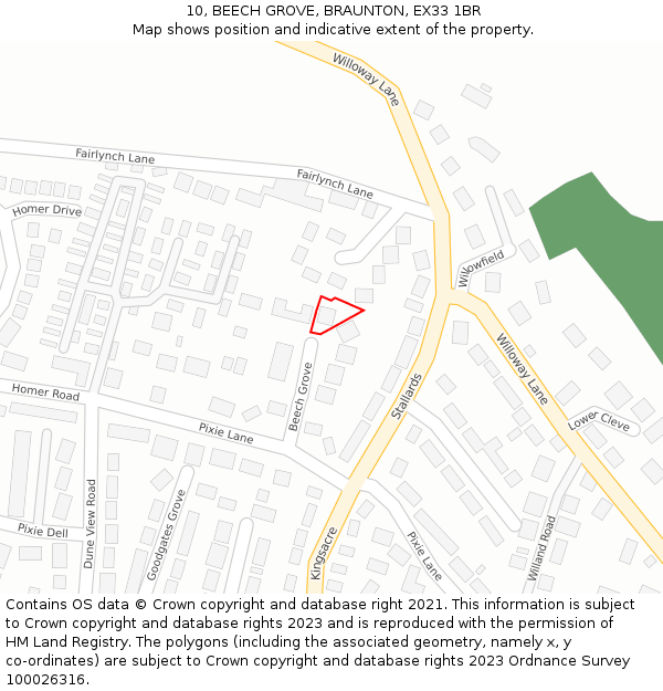 10, BEECH GROVE, BRAUNTON, EX33 1BR: Location map and indicative extent of plot