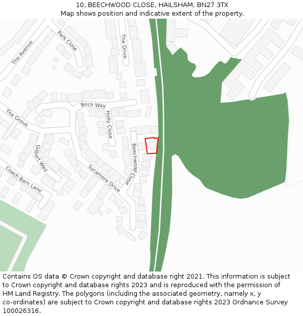 10, BEECHWOOD CLOSE, HAILSHAM, BN27 3TX: Location map and indicative extent of plot