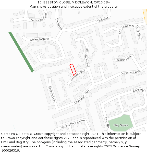 10, BEESTON CLOSE, MIDDLEWICH, CW10 0SH: Location map and indicative extent of plot