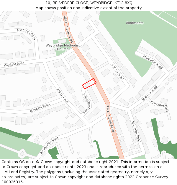 10, BELVEDERE CLOSE, WEYBRIDGE, KT13 8XQ: Location map and indicative extent of plot