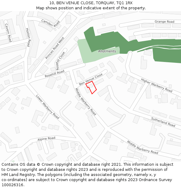 10, BEN VENUE CLOSE, TORQUAY, TQ1 1RX: Location map and indicative extent of plot