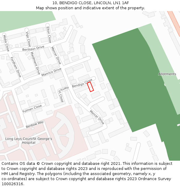 10, BENDIGO CLOSE, LINCOLN, LN1 1AF: Location map and indicative extent of plot