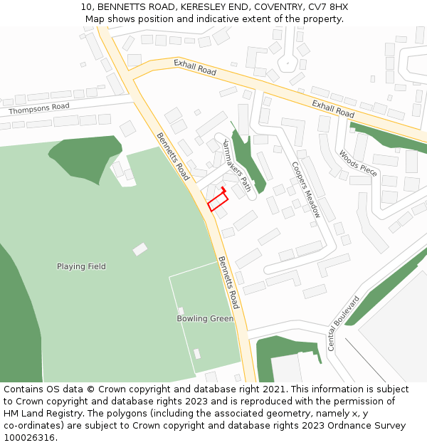 10, BENNETTS ROAD, KERESLEY END, COVENTRY, CV7 8HX: Location map and indicative extent of plot