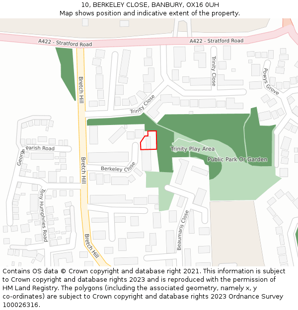 10, BERKELEY CLOSE, BANBURY, OX16 0UH: Location map and indicative extent of plot