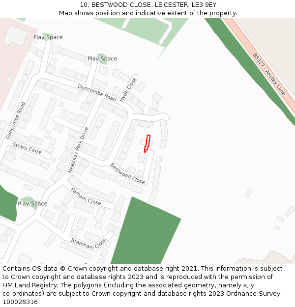 10, BESTWOOD CLOSE, LEICESTER, LE3 9EY: Location map and indicative extent of plot