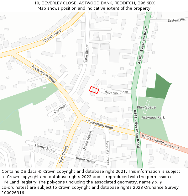 10, BEVERLEY CLOSE, ASTWOOD BANK, REDDITCH, B96 6DX: Location map and indicative extent of plot